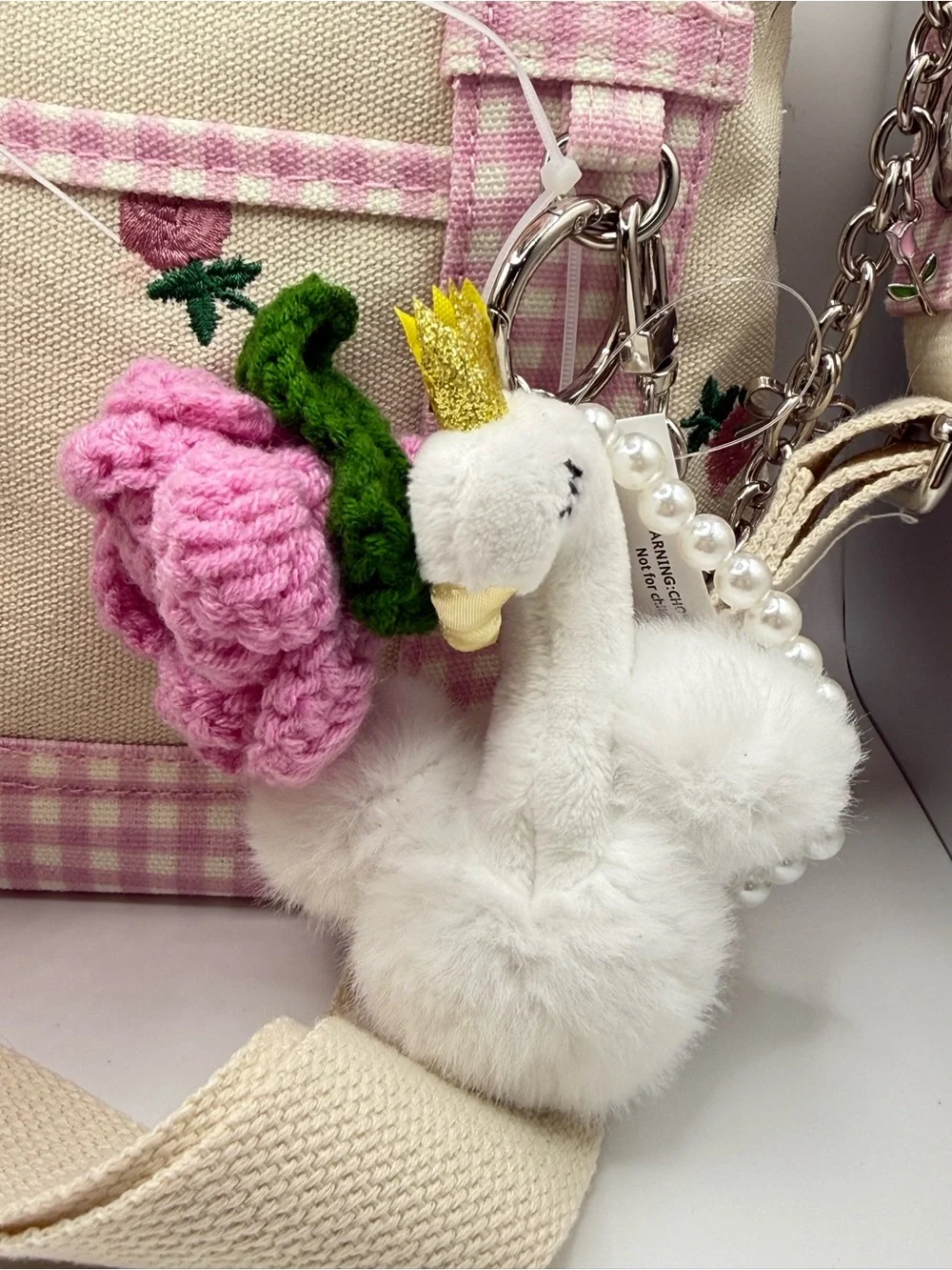 Madden Girl Floral Gingham Mini Tote Crossbody Swan Charm Set NWT